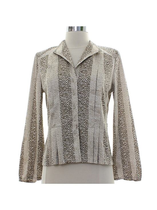 Kiva Ltd. Tops - Vintage 80s Kiva Beige Pleated Polyester Blouse Pearl Button Shirt Women's 8